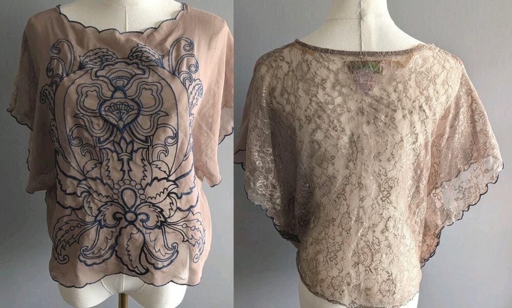 Flying Tomato Embroidered Lace Blouse Sheer Boho Brown Blue Size S Festival Y2K